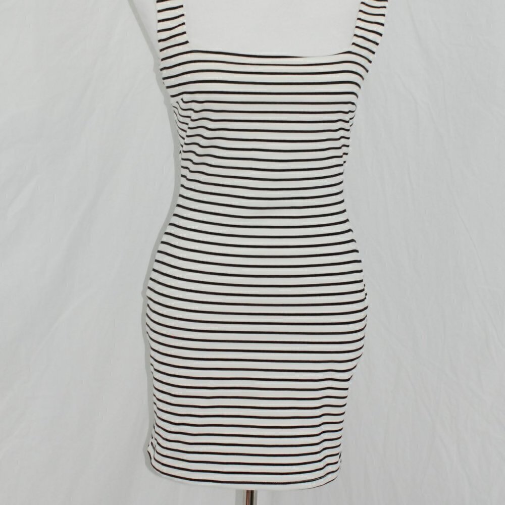 NWOT Mini Dress Bodycon Lovely Day Womens Medium Black White Stripes
